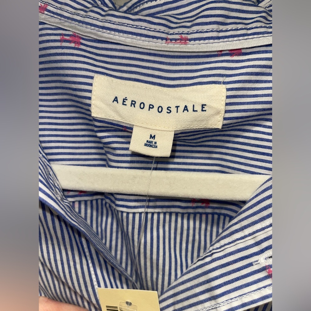 NWT Aeropostale Striped Blue White Striped Shirt with Pink Palm Trees - Picture 3 of 5